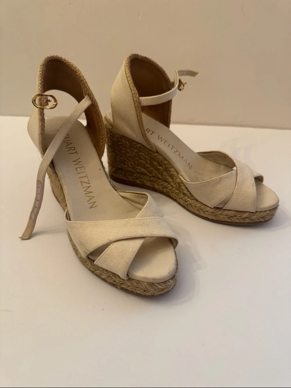 Stuart Weitzman Beige Canvas Espadrille Wedge Sandals Size 4B - Picture 3 of 10